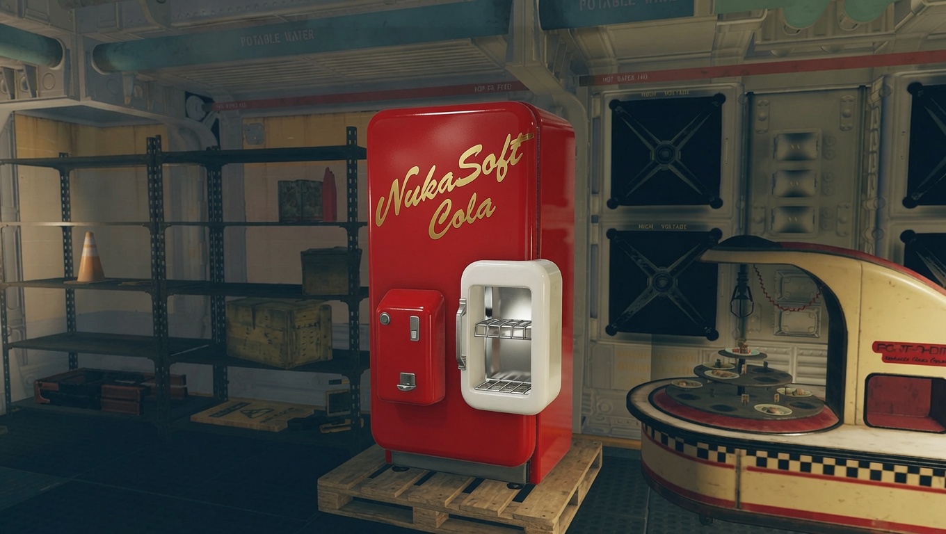 NukaSoft Cola vending machine — pristine red unit