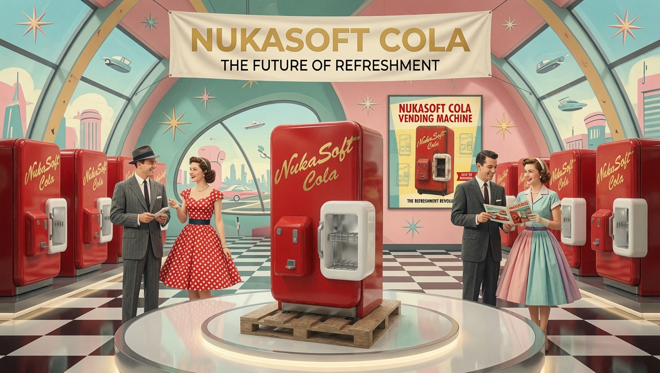 NukaSoft Cola showroom — rows of machines, 1950s couples browsing
